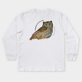 Tropical screech owl under a roof pin black text Kids Long Sleeve T-Shirt